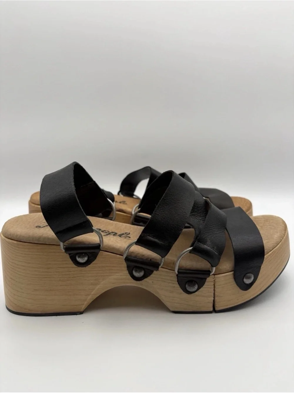Free People Black Leather Strappy Wood-Effect Platform Sandals